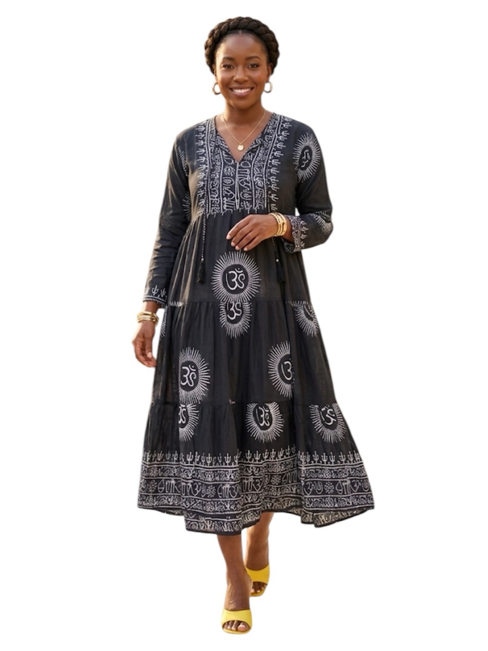 Women's Charcoal Grey Embroidered Linen Boho Midi Dress Size: XL